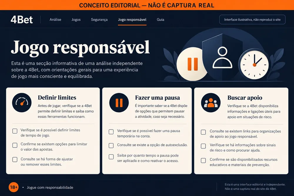 Ilustração conceitual de uma página de jogo responsável com limites, pausa e apoio