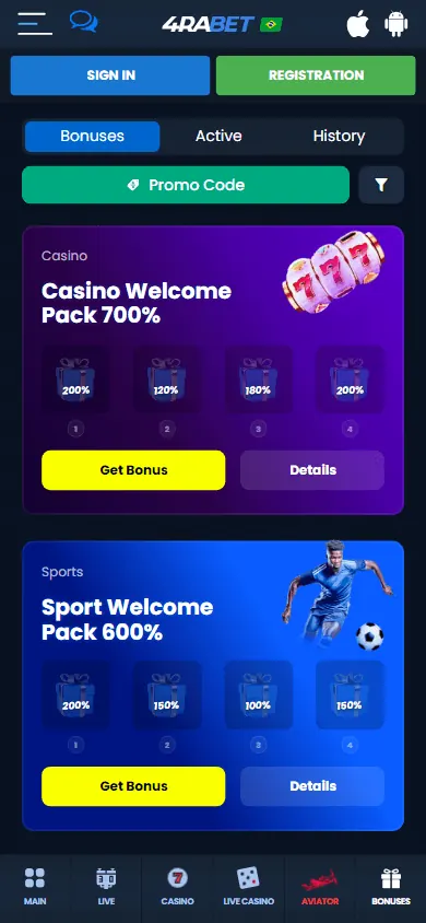 Promoções de 4raBet (celular)