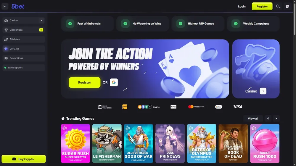 Página inicial do 5bet.com no computador com o banner Join the Action e jogos em alta