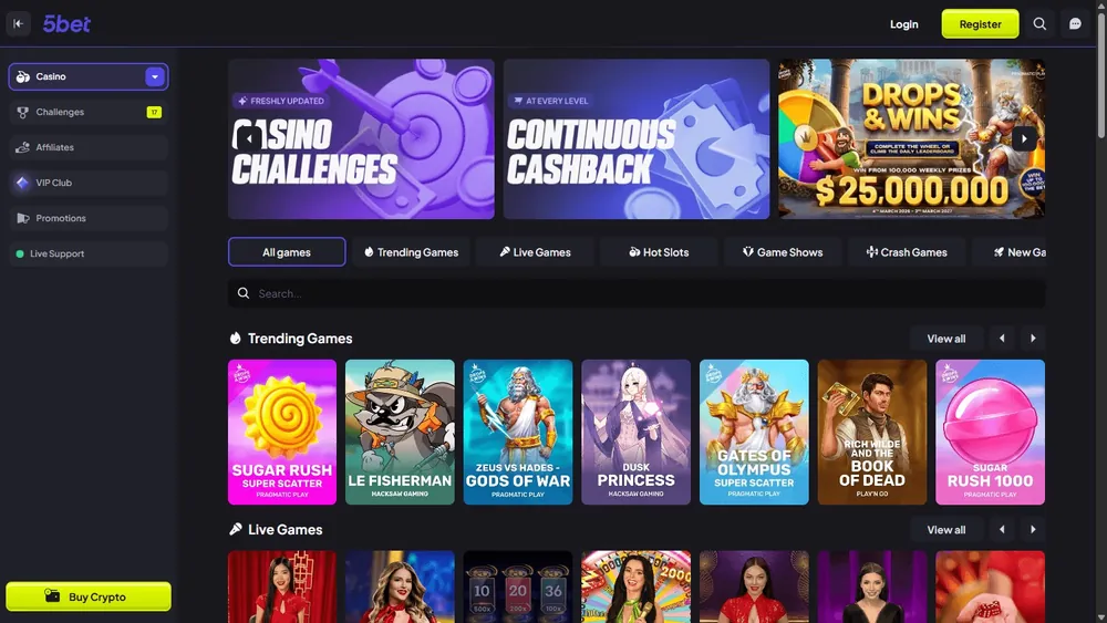 Lobby do 5bet.com no computador com banners de desafios, cashback e Drops & Wins