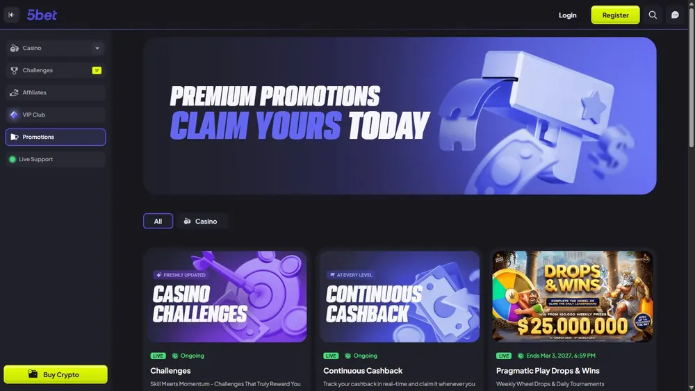 Página de promoções do 5bet.com no computador com Premium Promotions