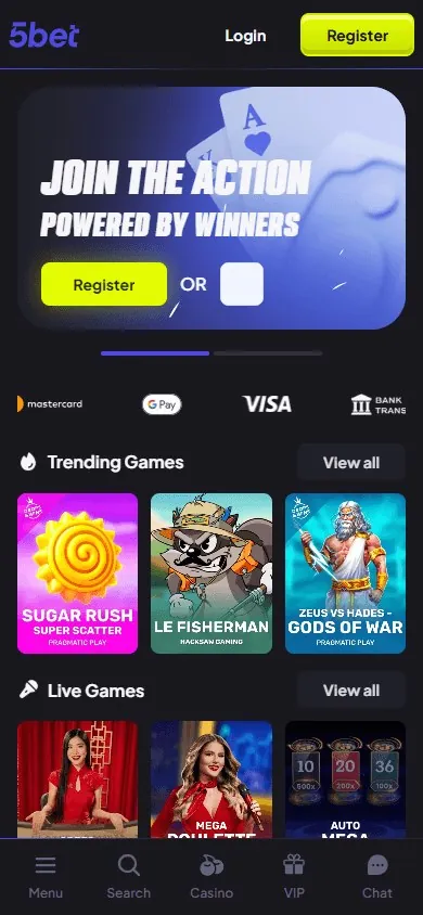 Página inicial do 5bet.com no celular com jogos em alta e mesas ao vivo