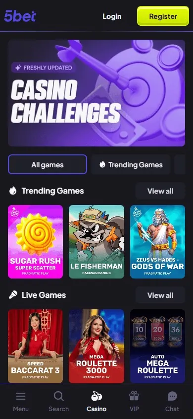 Catálogo de jogos do 5bet.com no celular com Sugar Rush e roletas ao vivo