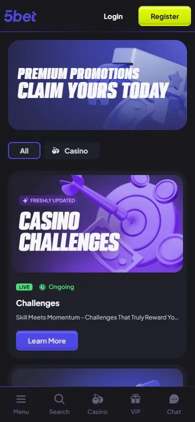 Página de promoções do 5bet.com no celular com o banner Casino Challenges