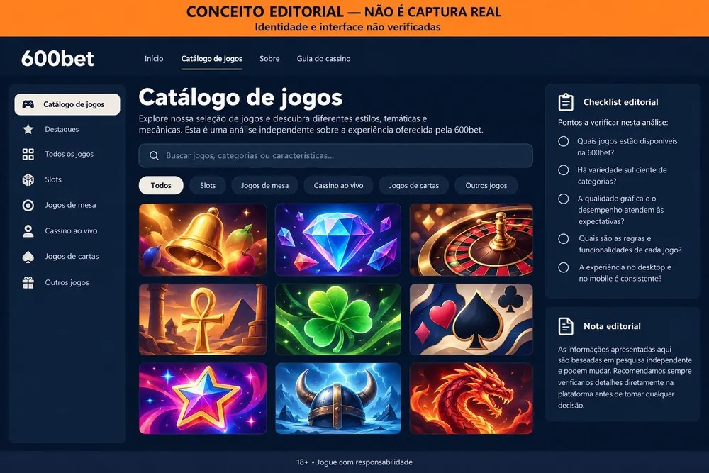 Grade conceitual de ícones de slots com filtros por categoria — 600bet, imagem conceitual