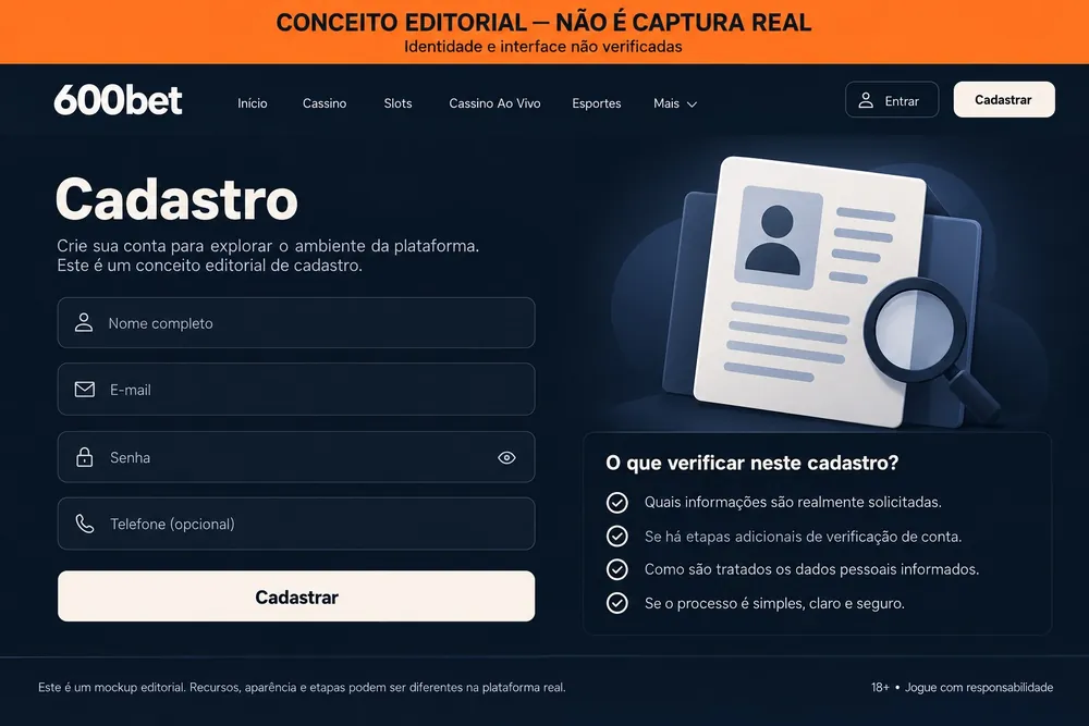 Formulário conceitual de cadastro com nome, e-mail, senha e telefone — 600bet, imagem conceitual