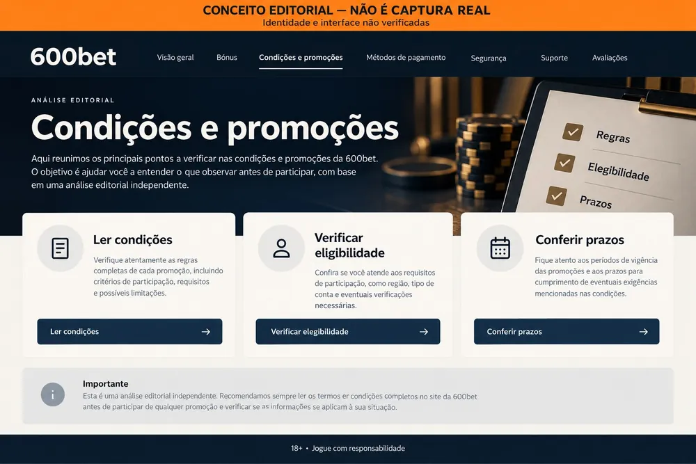 Página conceitual com três passos para ler condições de promoções — 600bet, imagem conceitual