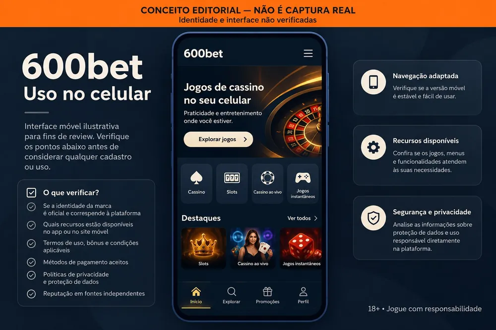 Celular conceitual com menu de cassino, slots e jogos instantâneos — 600bet, imagem conceitual