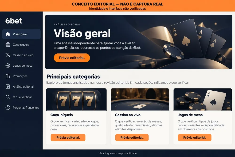 Conceito editorial de uma página de visão geral da 6bet com categorias caça-níqueis, ao vivo e mesa