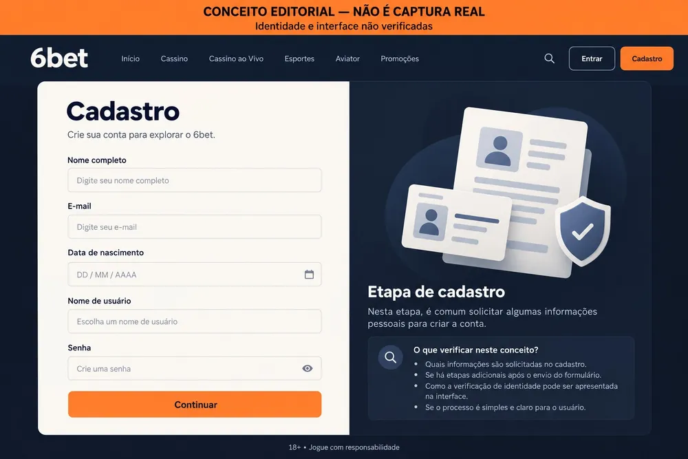 Conceito editorial de um formulário de cadastro com nome, e-mail, data de nascimento e senha