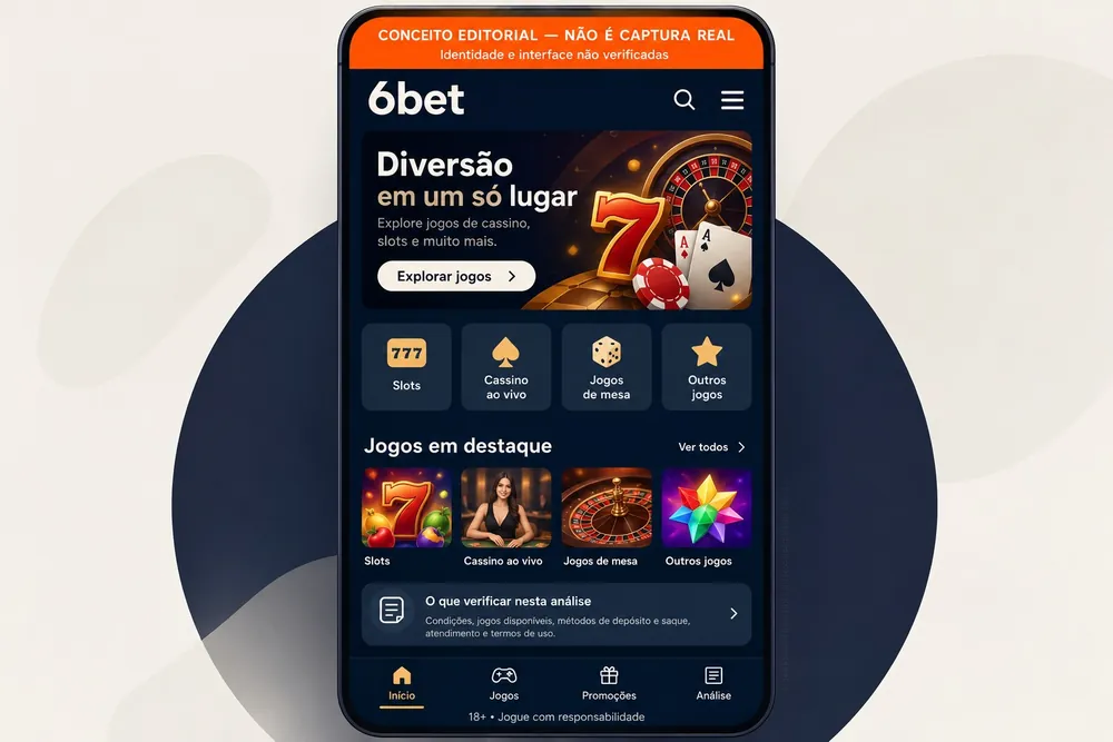 Conceito editorial de um celular com atalhos para slots, cassino ao vivo e jogos de mesa