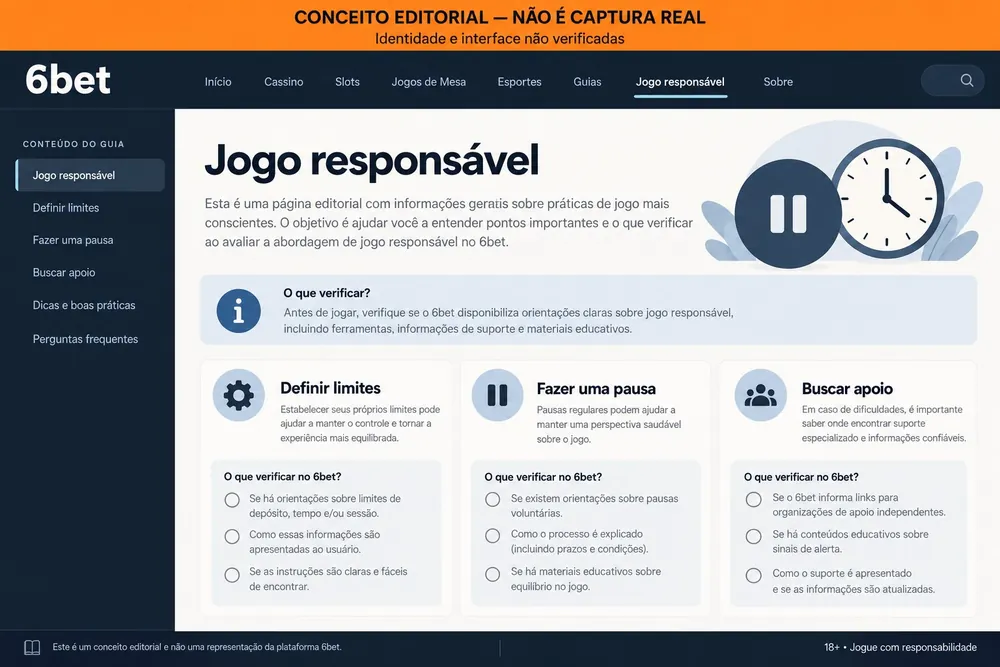 Conceito editorial de uma página de jogo responsável com limites, pausa e apoio