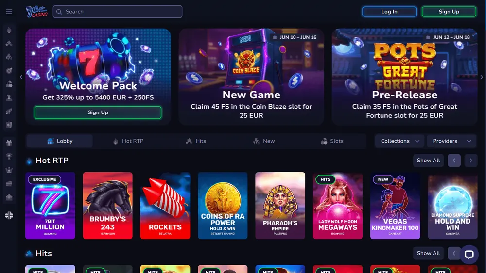 Página inicial de 7Bit Casino (desktop)