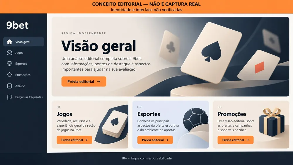 Conceito editorial de uma página de visão geral da 9bet com cartões Jogos, Esportes e Promoções