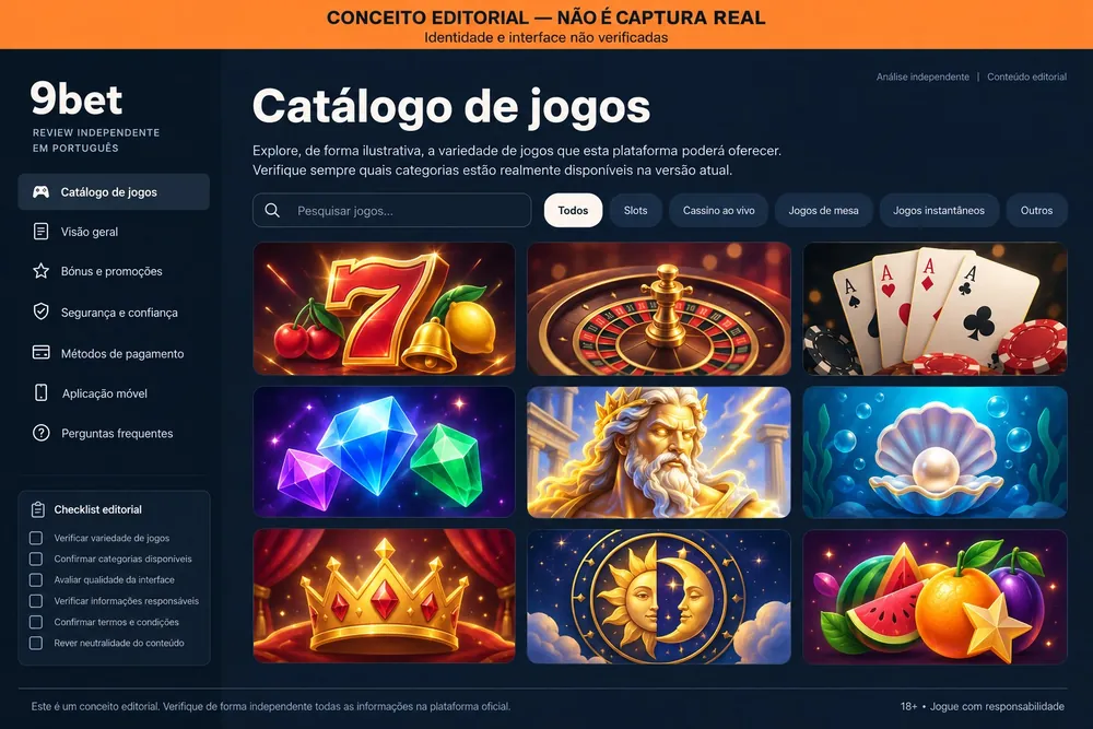 Conceito editorial de um catálogo de jogos com miniaturas genéricas e checklist lateral