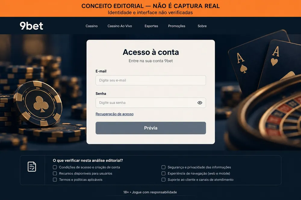 Conceito editorial de uma tela de acesso à conta com campos de e-mail e senha