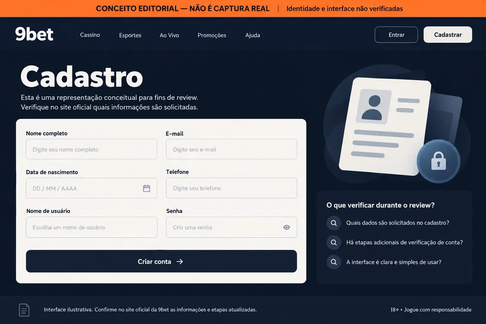 Conceito editorial de um formulário de cadastro com nome, e-mail, data de nascimento e telefone