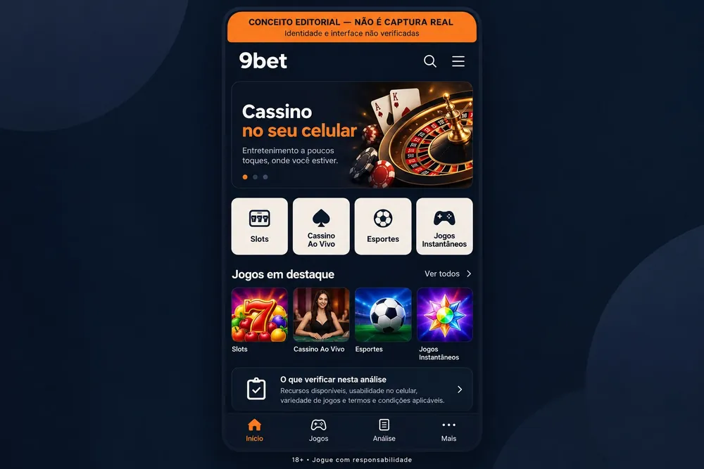 Conceito editorial de um celular com menu de slots, cassino ao vivo, esportes e jogos instantâneos