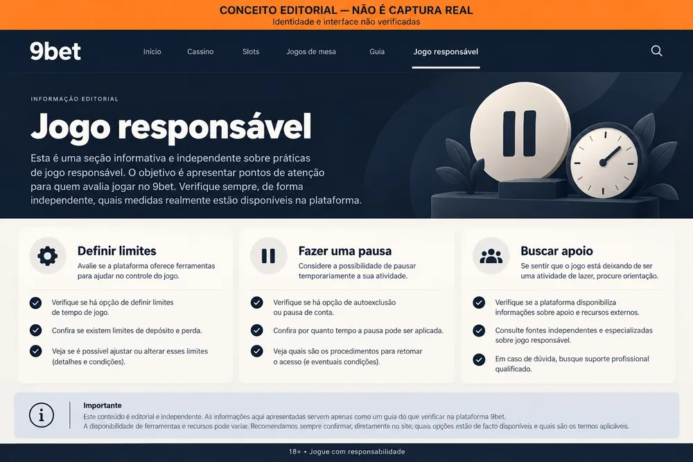 Conceito editorial de uma página de jogo responsável com limites, pausa e apoio