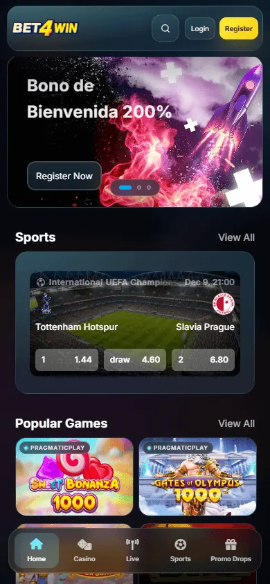 Página principal de Bet4Win (móvil)