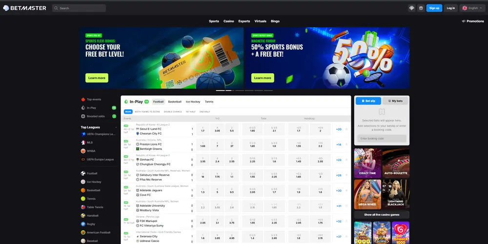 Betmaster: captura del sitio (escritorio)