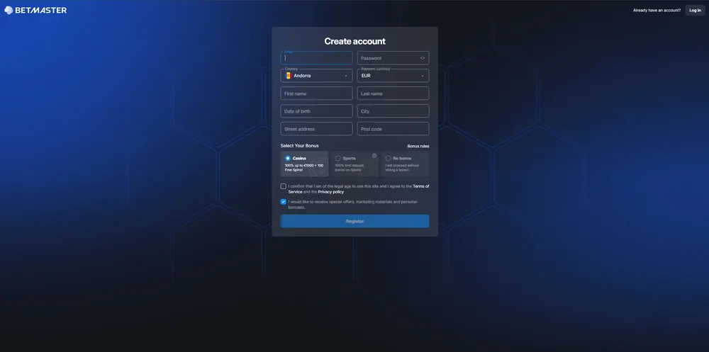 Betmaster: captura del sitio (escritorio)