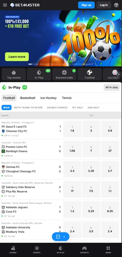 Betmaster: captura del sitio (móvil)