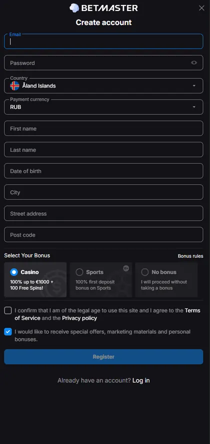 Betmaster: captura del sitio (móvil)