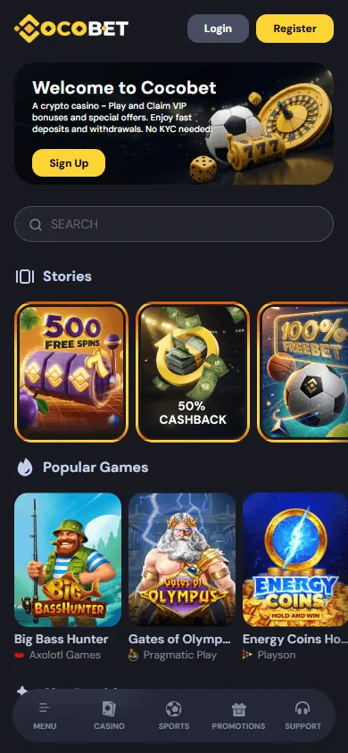 Página inicial de CocoBet (celular)