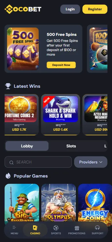 Catálogo de jogos de CocoBet (celular)