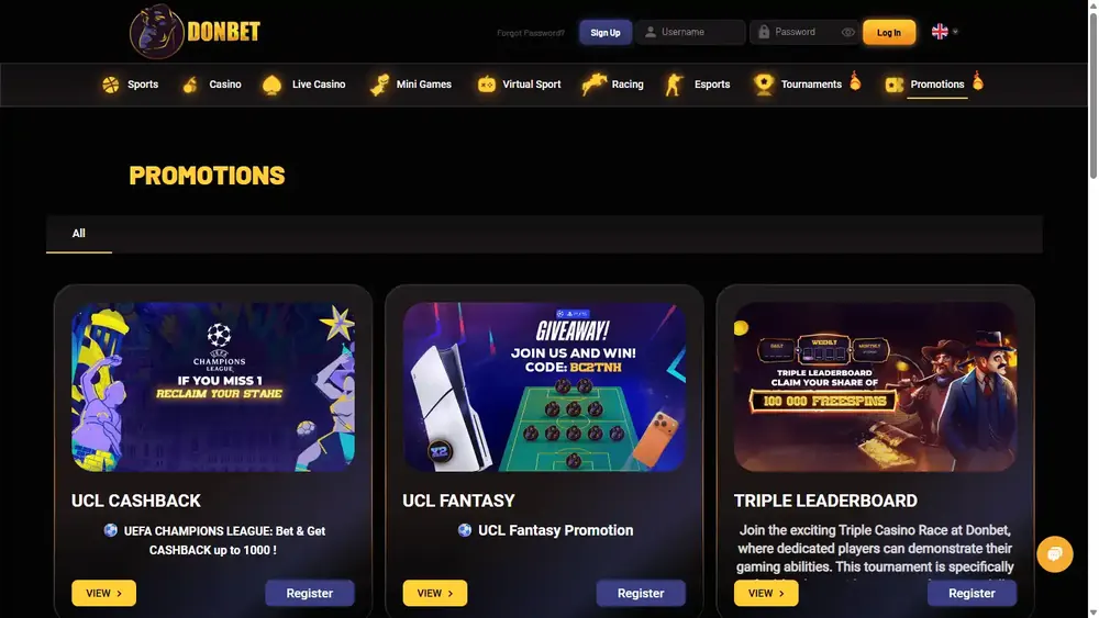 Promociones de DonBet (escritorio)