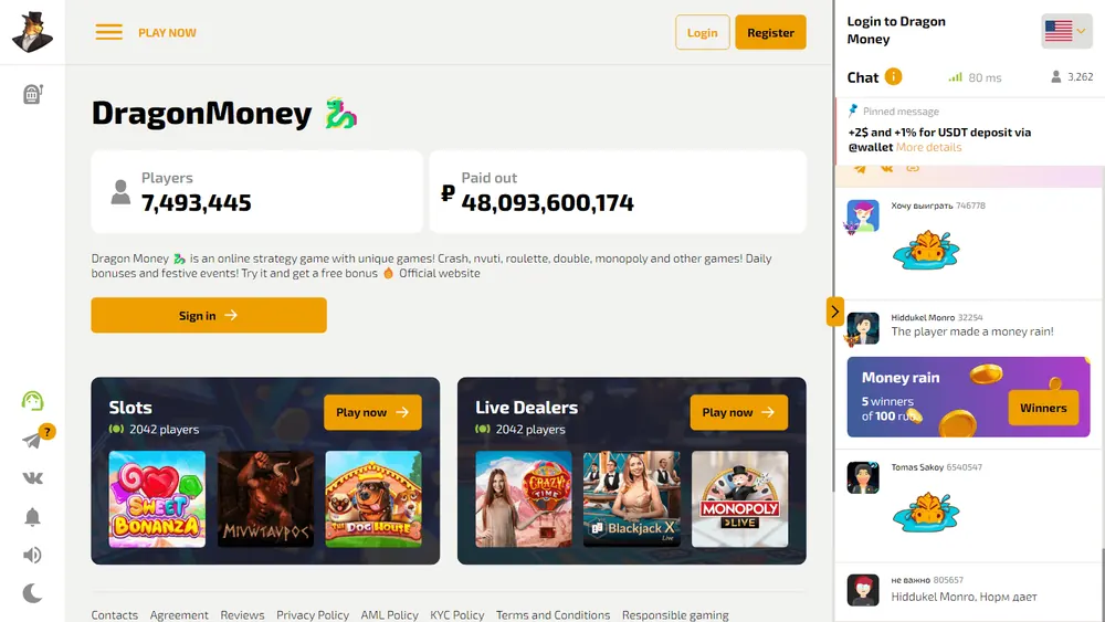 Página principal de Dragon Money (escritorio)