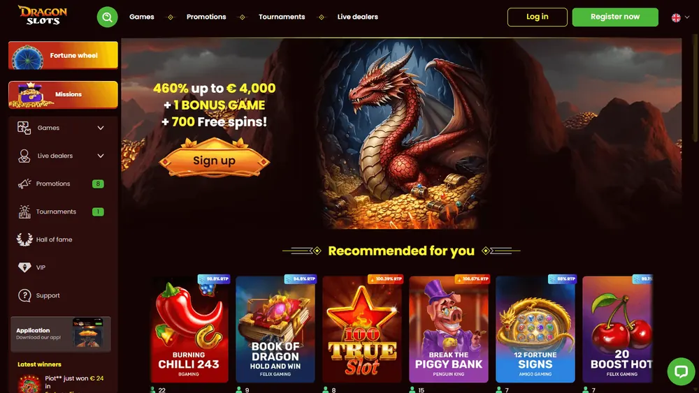 Página principal de Dragonslots (escritorio)