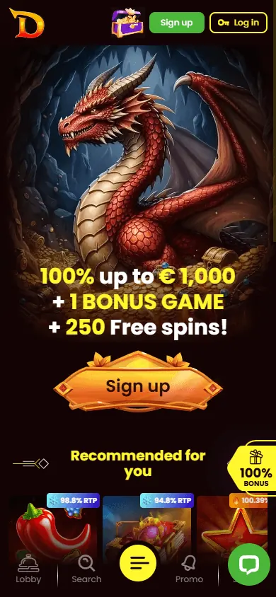 Página principal de Dragonslots (móvil)