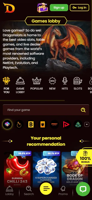 Catálogo de juegos de Dragonslots (móvil)