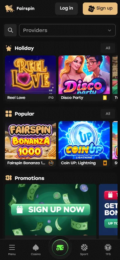 Página principal de FairSpin (móvil)
