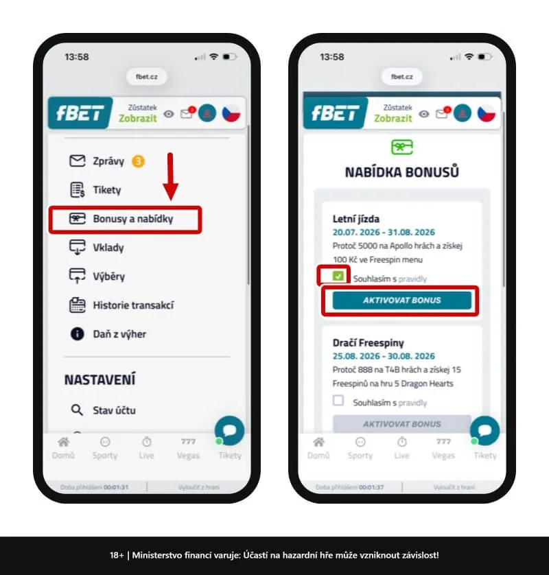 Menu Bonusy a nabídky do fbet.cz e lista de bônus com rodadas grátis