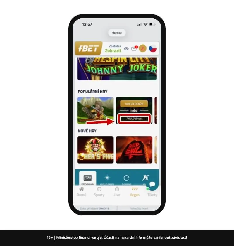 Seção de jogos populares do fbet.cz com a opção Pro zábavu destacada