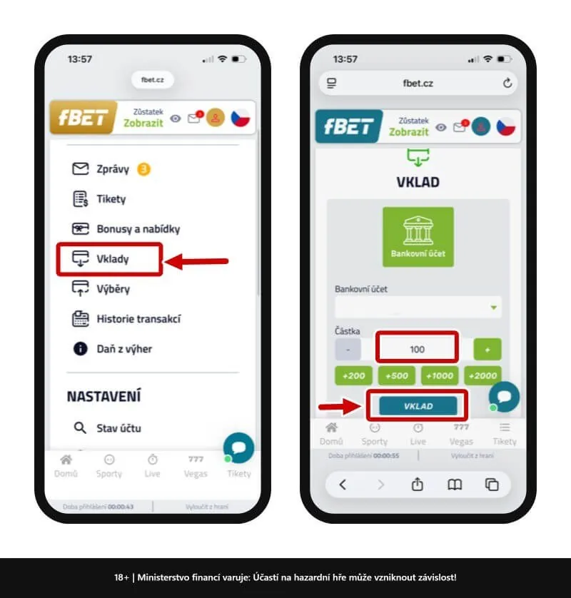Menu Vklady e tela de depósito por conta bancária no fbet.cz