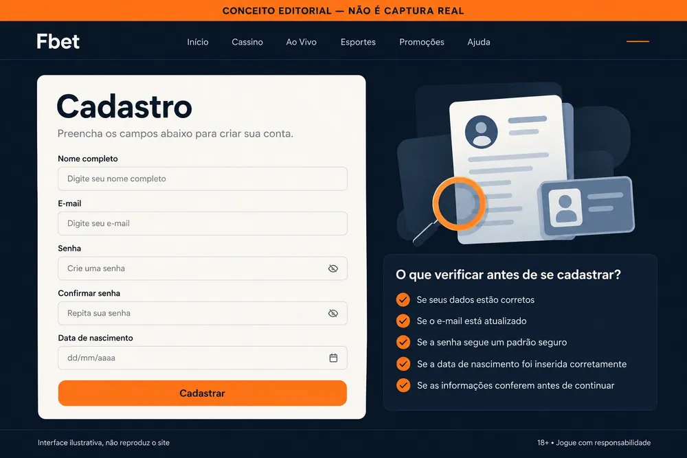 Formulário conceitual de cadastro com nome, e-mail, senha e data de nascimento