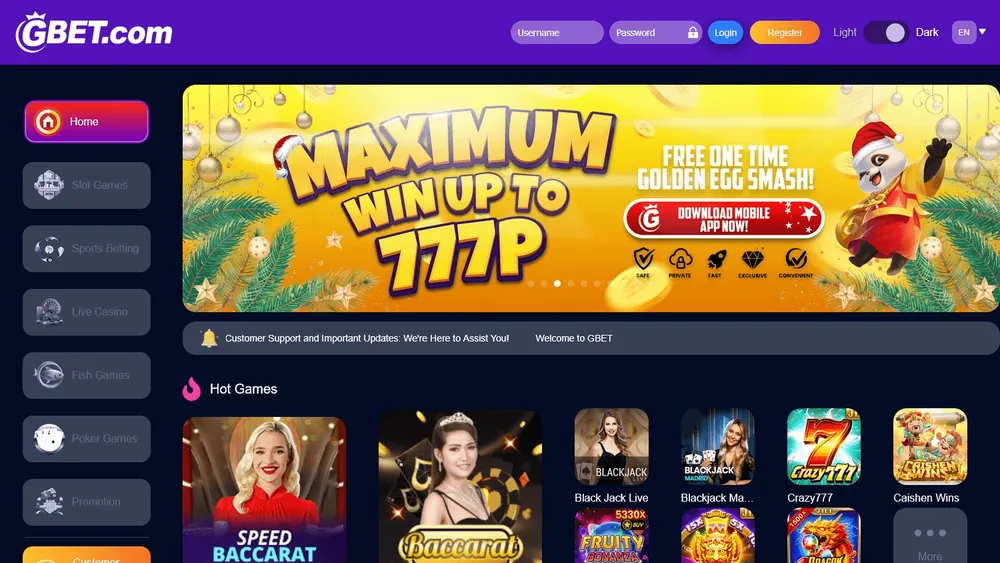 Página inicial do GBET.com com banner 'Maximum win up to 777P' e vitrine de Hot Games