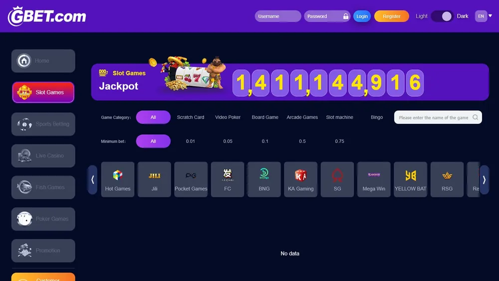 Seção de slots do GBET.com com contador de jackpot e abas de provedores