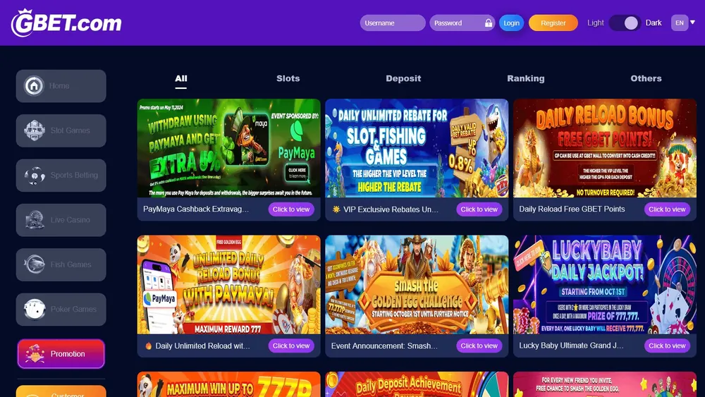 Página de promoções do GBET.com com banners de PayMaya, rebates e recarga diária