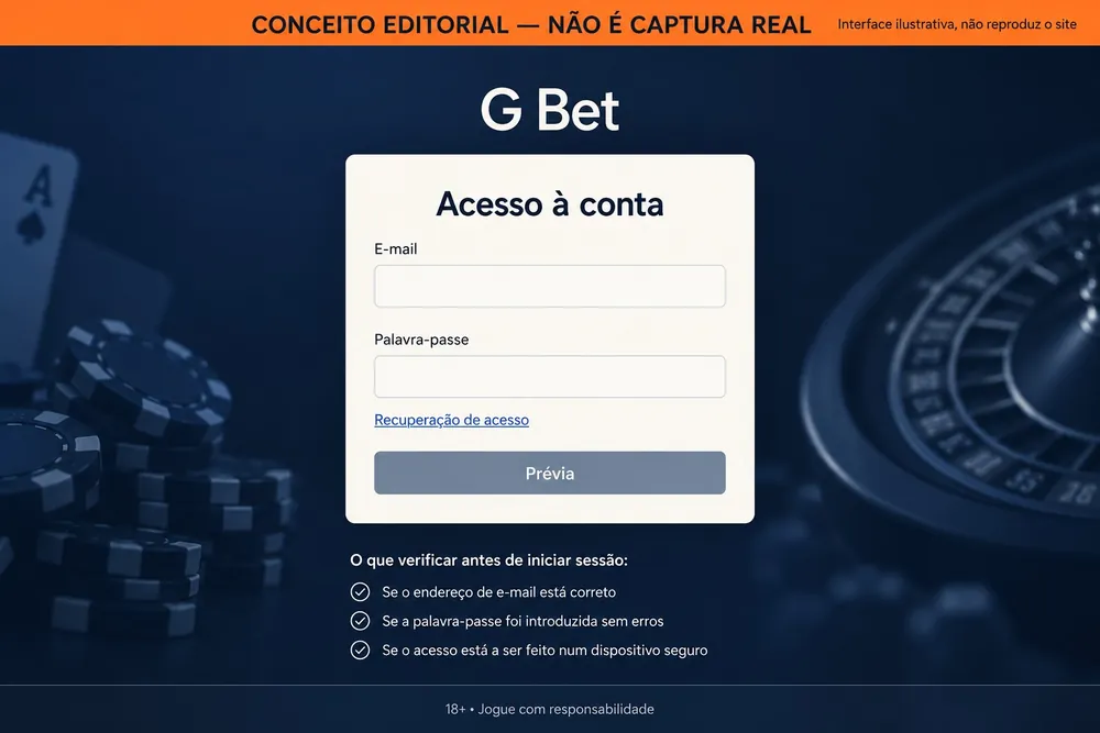 Tela conceitual de acesso com o nome G Bet, e-mail e palavra-passe
