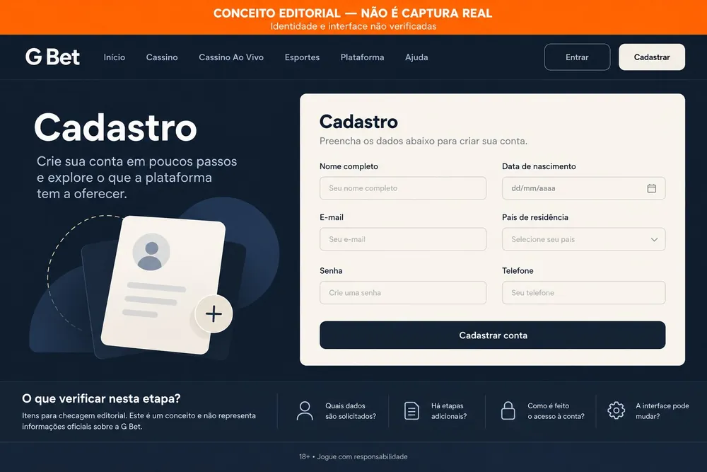 Formulário conceitual de cadastro com nome, data de nascimento e país