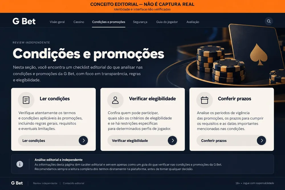 Página conceitual de condições e promoções com três cartões de verificação