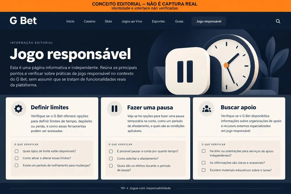 Página conceitual de jogo responsável com limites, pausa e apoio