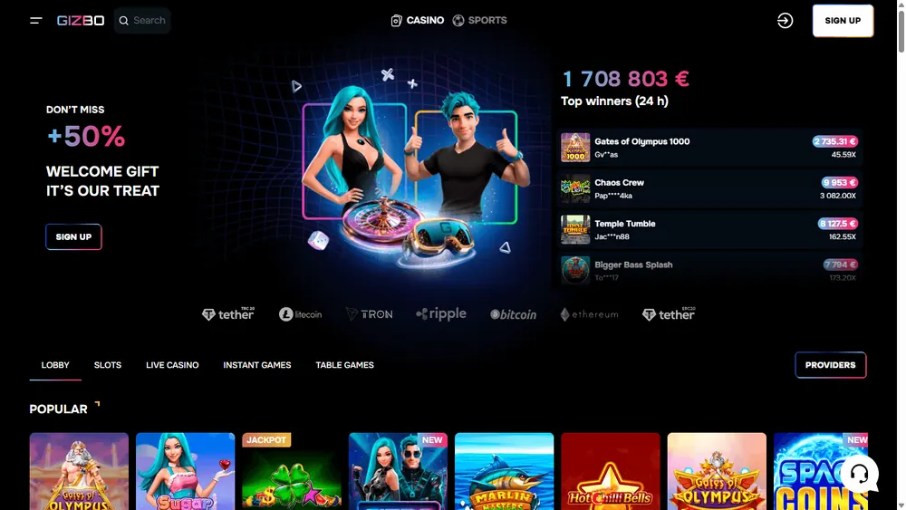 Página inicial de Gizbo (desktop)