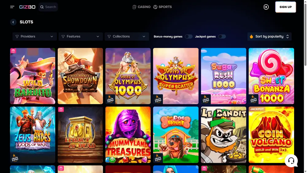 Catálogo de jogos de Gizbo (desktop)