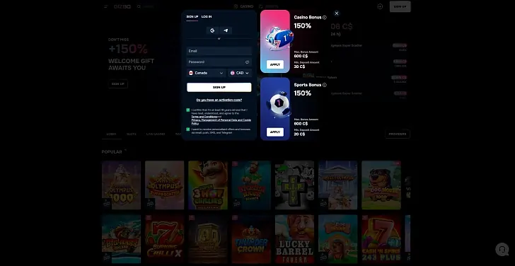 Gizbo: captura do site (desktop)